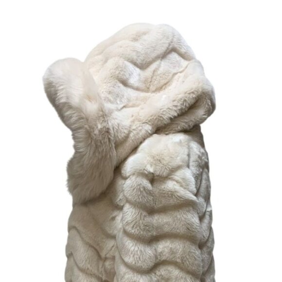 DKNY Womens Faux Fur Chevron Pattern Hooded Parka Coat Ivory Beige Size XL - Picture 5 of 9